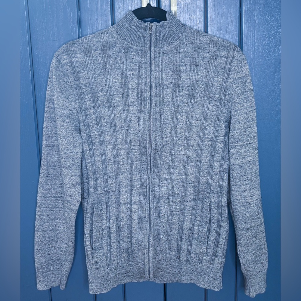 Mens Gray Speckle Full Zip Ribbed Cardigan Sweater Size Small Preppy Classy